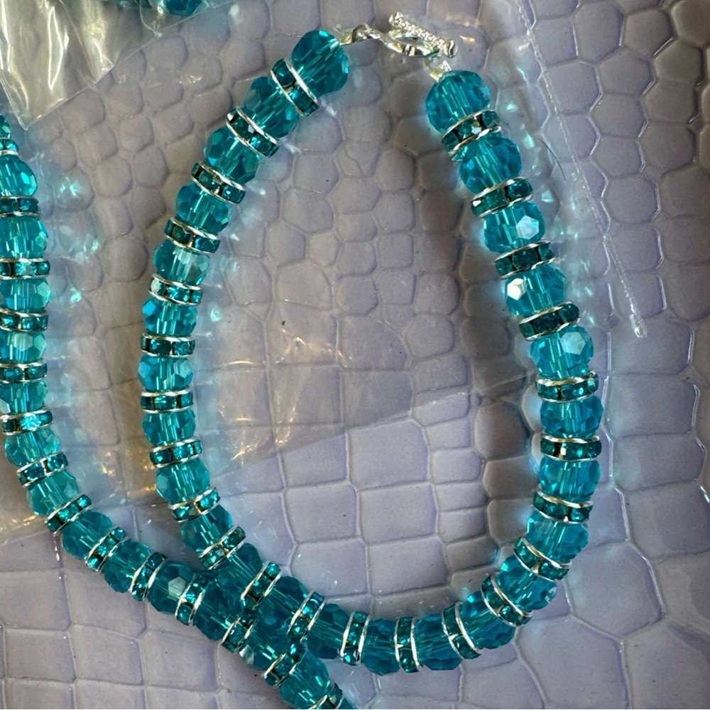 Handmade Blue Beaded Necklace Earrings and Bracelet Set - Picture 3 of 5